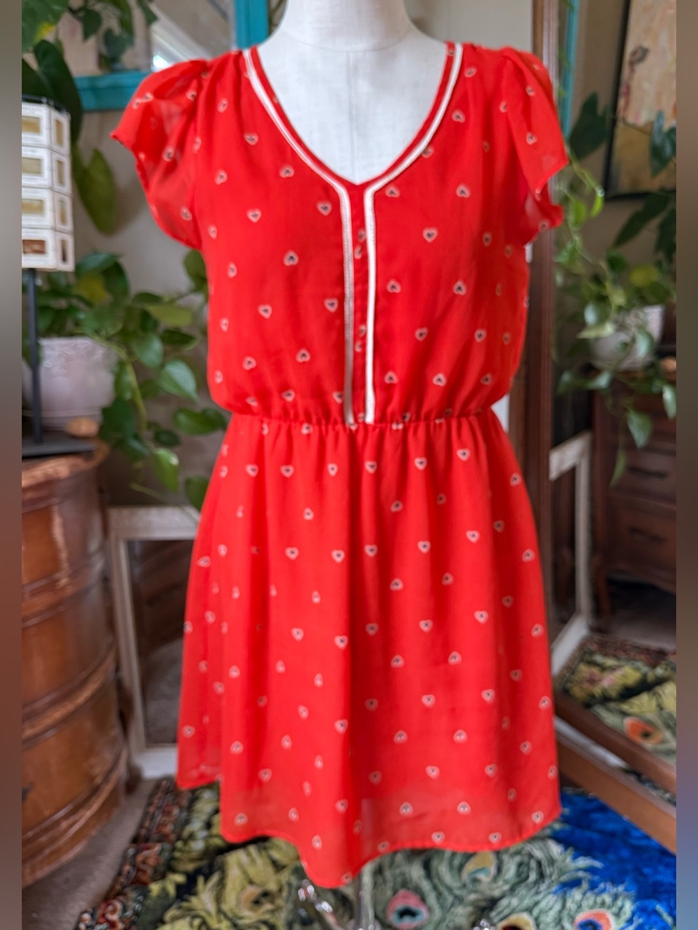 Vintage Maison Jules sheer red dress with hearts, size L